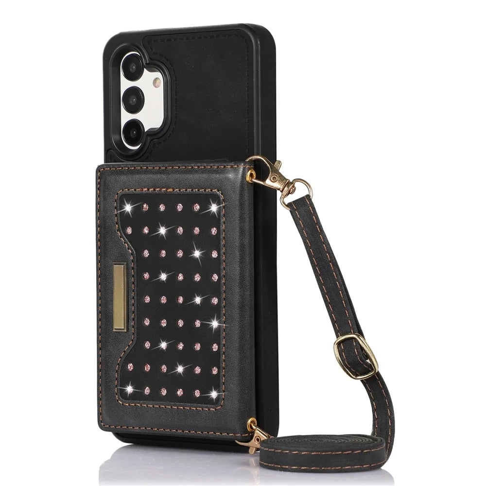 For Samsung Galaxy A13 4G / 5G Rhinestone Decor Tri-fold Wallet Phone Case RFID Blocking Kickstand PU Leather Coated TPU Cover with Shoulder Strap - Black - 1