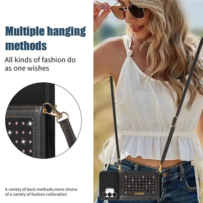 For Samsung Galaxy A13 4G / 5G Rhinestone Decor Tri-fold Wallet Phone Case RFID Blocking Kickstand PU Leather Coated TPU Cover with Shoulder Strap - Black - 7