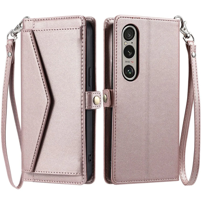 For Sony Xperia 1 VII Leather Case with Wrist Strap Wallet Stand Phone Cover - Rose Gold - 1