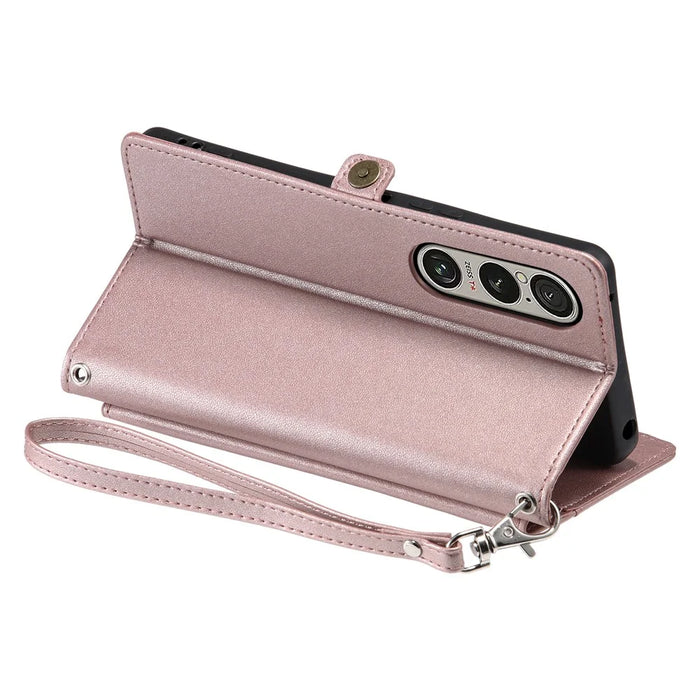 For Sony Xperia 1 VII Leather Case with Wrist Strap Wallet Stand Phone Cover - Rose Gold - 4
