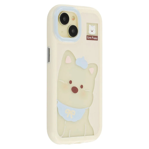 For iPhone 13 Case Pattern Printing TPU + Acrylic Phone Back Cover Large Lens Cutout - White Dog - 1