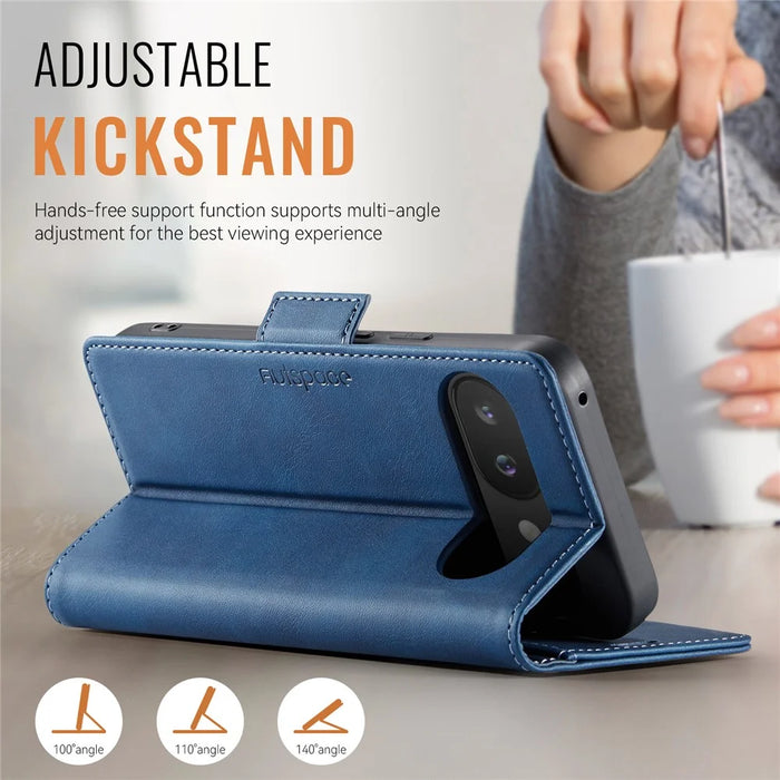 AUTSPACE For Google Pixel 9a Case  A11 RFID Blocking Retro Leather Cell Phone Wallet Cover - Blue - 5