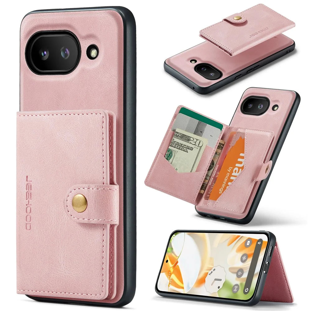 JEEHOOD For Google Pixel 9a Case  J01 Retro Leather Phone Back Cover with Detachable Magnetic Card Holder - Pink - 1