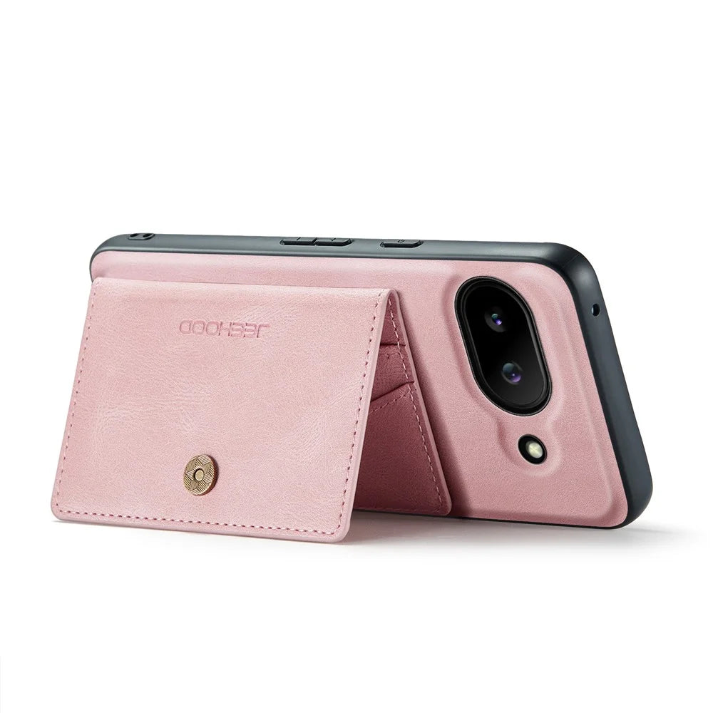 JEEHOOD For Google Pixel 9a Case  J01 Retro Leather Phone Back Cover with Detachable Magnetic Card Holder - Pink - 3