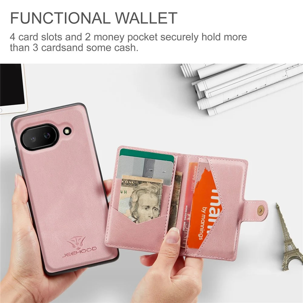 JEEHOOD For Google Pixel 9a Case  J01 Retro Leather Phone Back Cover with Detachable Magnetic Card Holder - Pink - 5