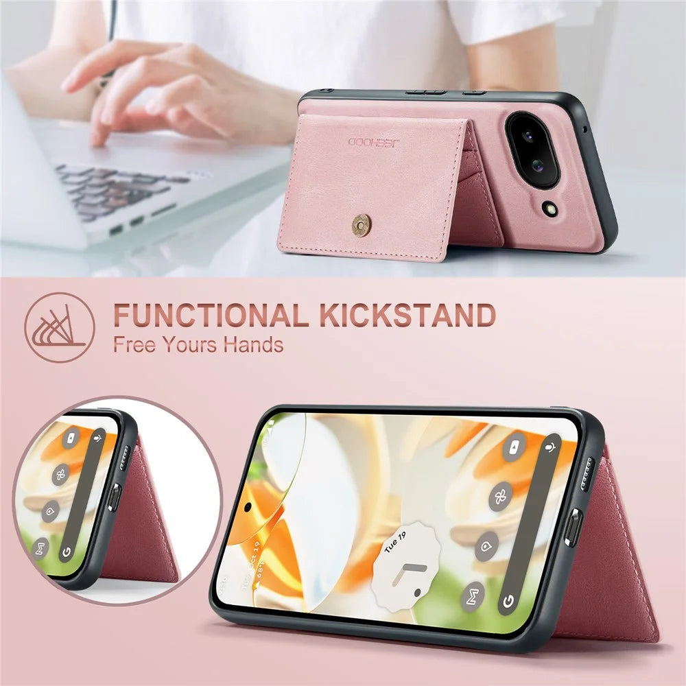 JEEHOOD For Google Pixel 9a Case  J01 Retro Leather Phone Back Cover with Detachable Magnetic Card Holder - Pink - 6