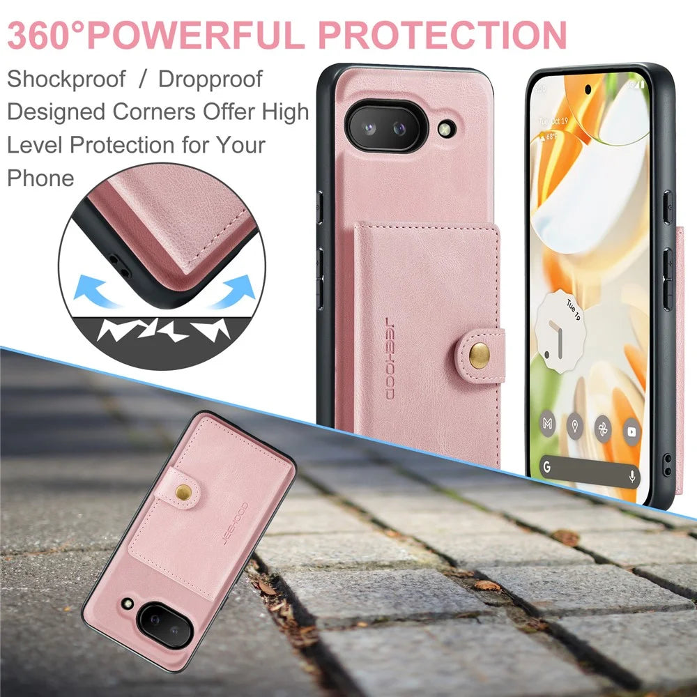 JEEHOOD For Google Pixel 9a Case  J01 Retro Leather Phone Back Cover with Detachable Magnetic Card Holder - Pink - 7