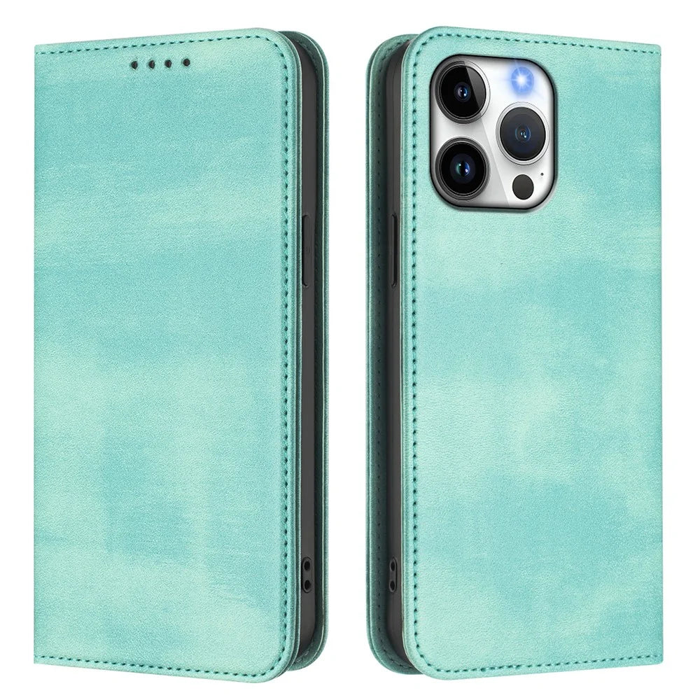 For iPhone 16 Pro Max Wallet Cases Retro Texture RFID Blocking Leather Phone Cover - Mint Green - 1