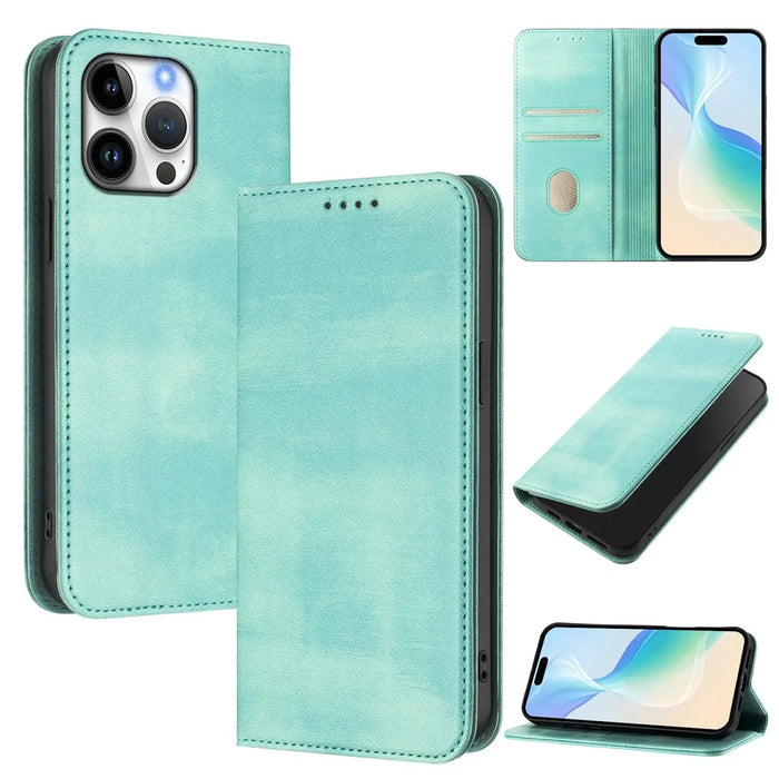 For iPhone 16 Pro Max Wallet Cases Retro Texture RFID Blocking Leather Phone Cover - Mint Green - 2