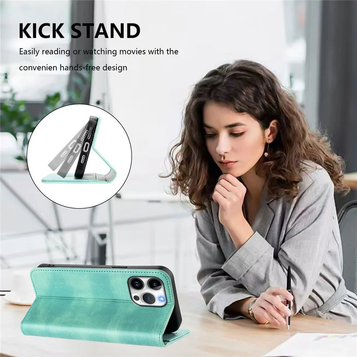 For iPhone 16 Pro Max Wallet Cases Retro Texture RFID Blocking Leather Phone Cover - Mint Green - 4