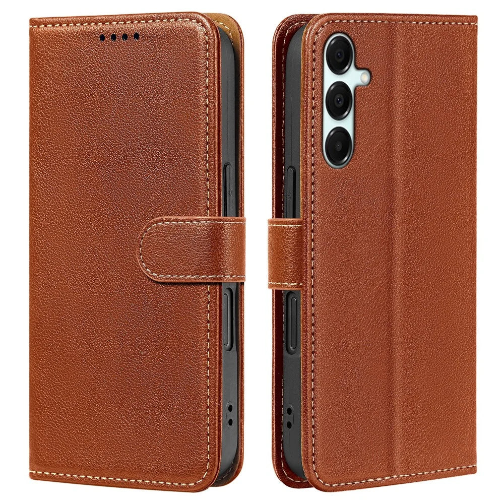 For Samsung Galaxy A25 5G (Global) (161.0mm) Case RFID Blocking Wallet Litchi Texture Leather Phone Cover Magnetic Clasp - Brown - 1