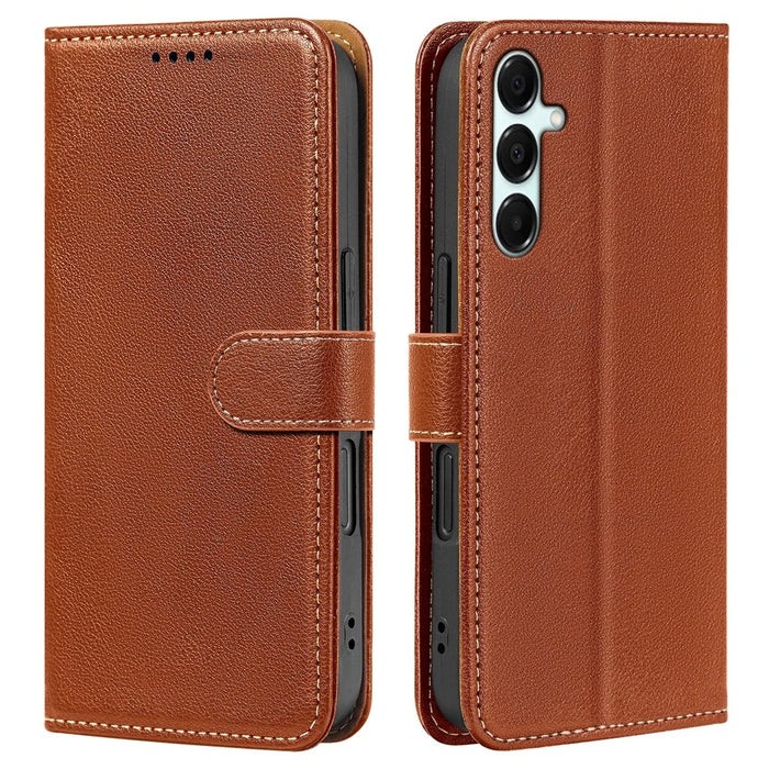 For Samsung Galaxy A35 5G Case RFID Blocking Wallet Litchi Texture Leather Phone Cover Magnetic Clasp - Brown - 1