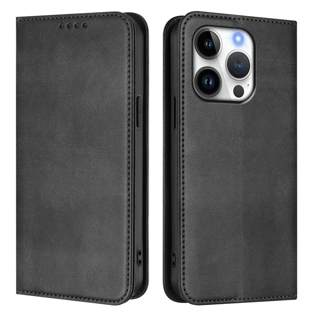For iPhone 16 Pro Wallet Cases Retro Texture RFID Blocking Leather Phone Cover - Black - 1