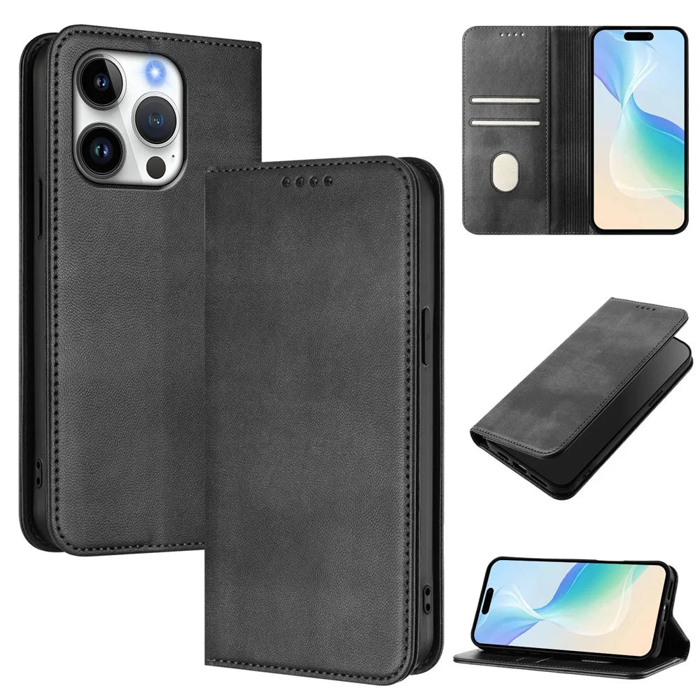 For iPhone 16 Pro Wallet Cases Retro Texture RFID Blocking Leather Phone Cover - Black - 2