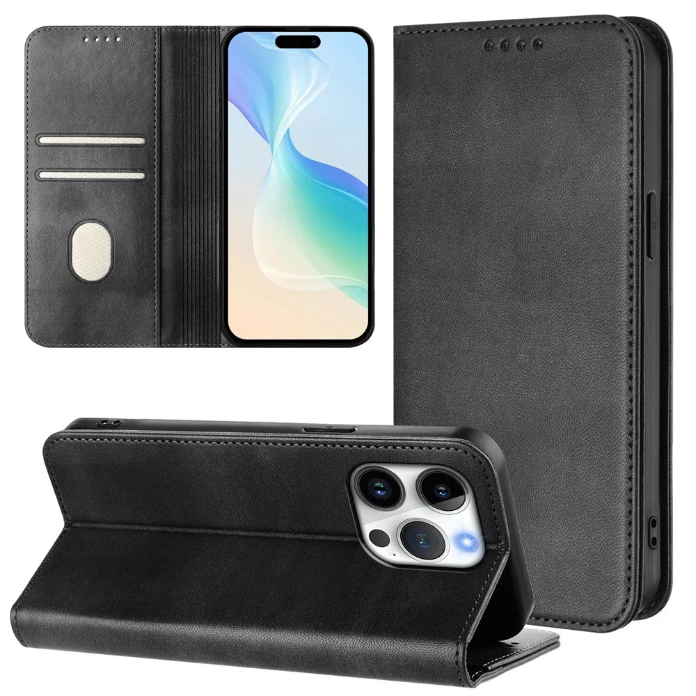 For iPhone 16 Pro Wallet Cases Retro Texture RFID Blocking Leather Phone Cover - Black - 3