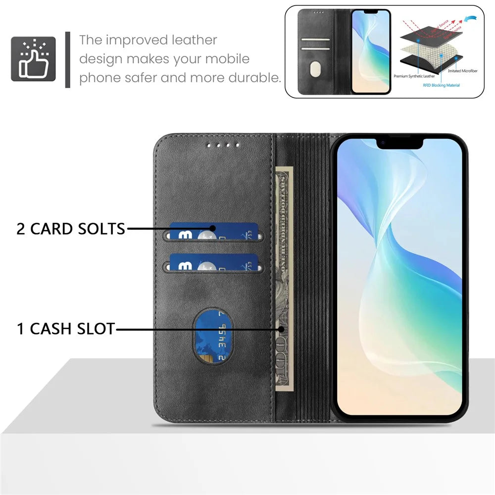 For iPhone 16 Pro Wallet Cases Retro Texture RFID Blocking Leather Phone Cover - Black - 5