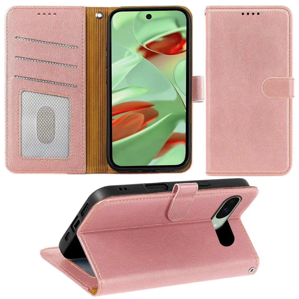 Leather Case For Google Pixel 10 Pro / Pixel 10 RFID Blocking Wallet Litchi Texture Phone Cover Magnetic Clasp - Rose Gold - 3