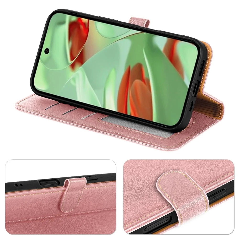 Leather Case For Google Pixel 10 Pro / Pixel 10 RFID Blocking Wallet Litchi Texture Phone Cover Magnetic Clasp - Rose Gold - 4