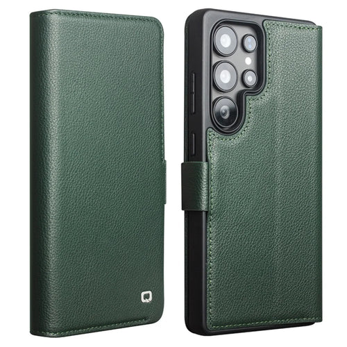 QIALINO For Samsung Galaxy S25 Ultra Wallet Case Genuine Cow Leather Flip Stand Phone Cover - Green - 1