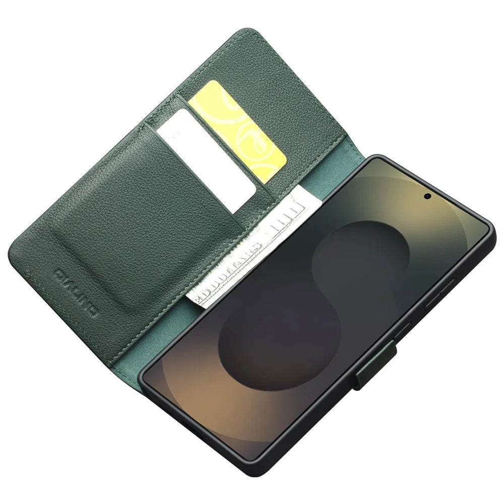 QIALINO For Samsung Galaxy S25 Ultra Wallet Case Genuine Cow Leather Flip Stand Phone Cover - Green - 2