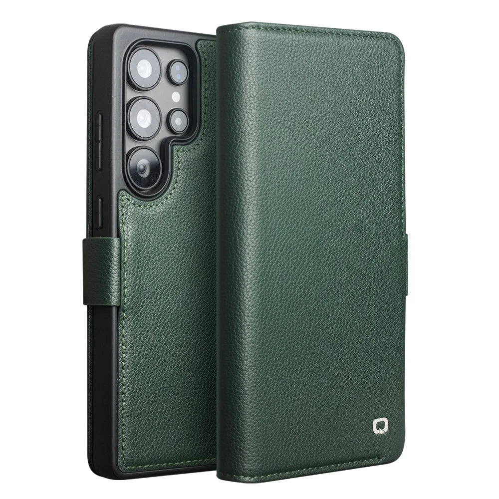 QIALINO For Samsung Galaxy S25 Ultra Wallet Case Genuine Cow Leather Flip Stand Phone Cover - Green - 6