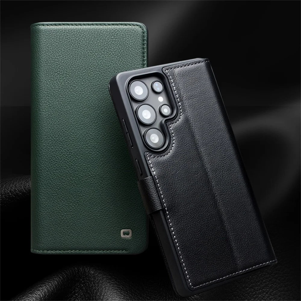 QIALINO For Samsung Galaxy S25 Ultra Wallet Case Genuine Cow Leather Flip Stand Phone Cover - Green - 7
