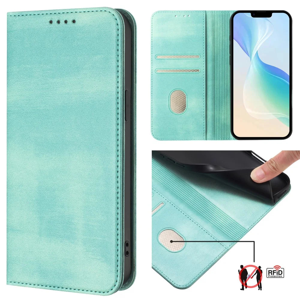 For Samsung Galaxy A16 4G / Galaxy A16 5G Wallet Cases Retro Texture RFID Blocking Leather Phone Cover - Mint Green - 5