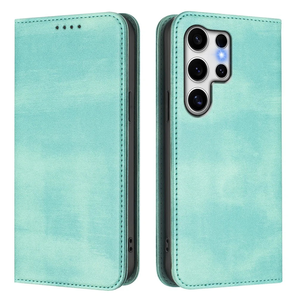 For Samsung Galaxy S25 Ultra Wallet Cases Retro Texture RFID Blocking Leather Phone Cover - Mint Green - 1