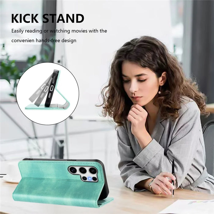 For Samsung Galaxy S25 Ultra Wallet Cases Retro Texture RFID Blocking Leather Phone Cover - Mint Green - 4