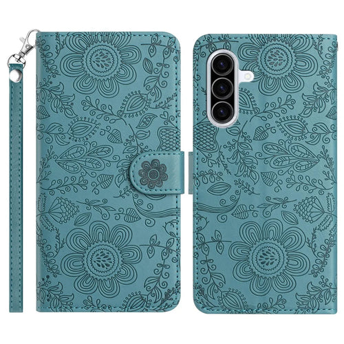 For Samsung Galaxy A56 5G Case Flower Imprint Leather Flip Wallet Phone Cover with Wrist Strap - Blackish Green - 1