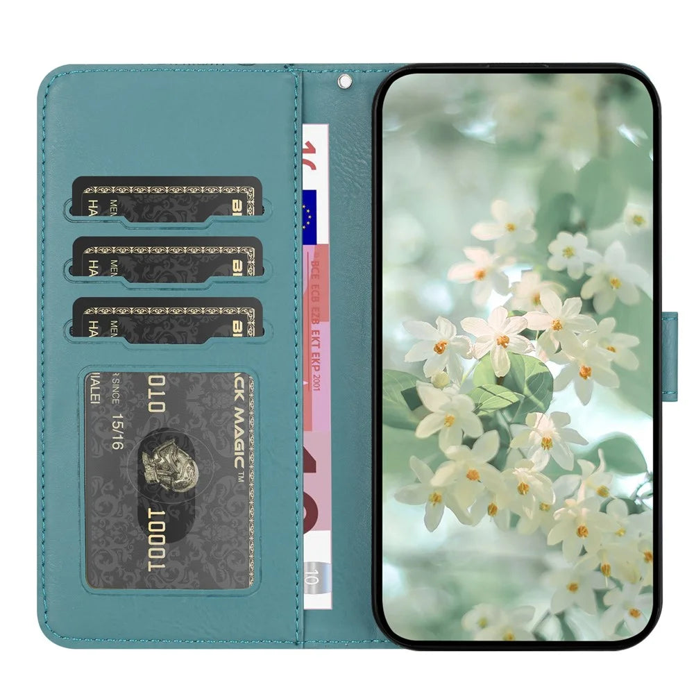 For Samsung Galaxy A56 5G Case Flower Imprint Leather Flip Wallet Phone Cover with Wrist Strap - Blackish Green - 2