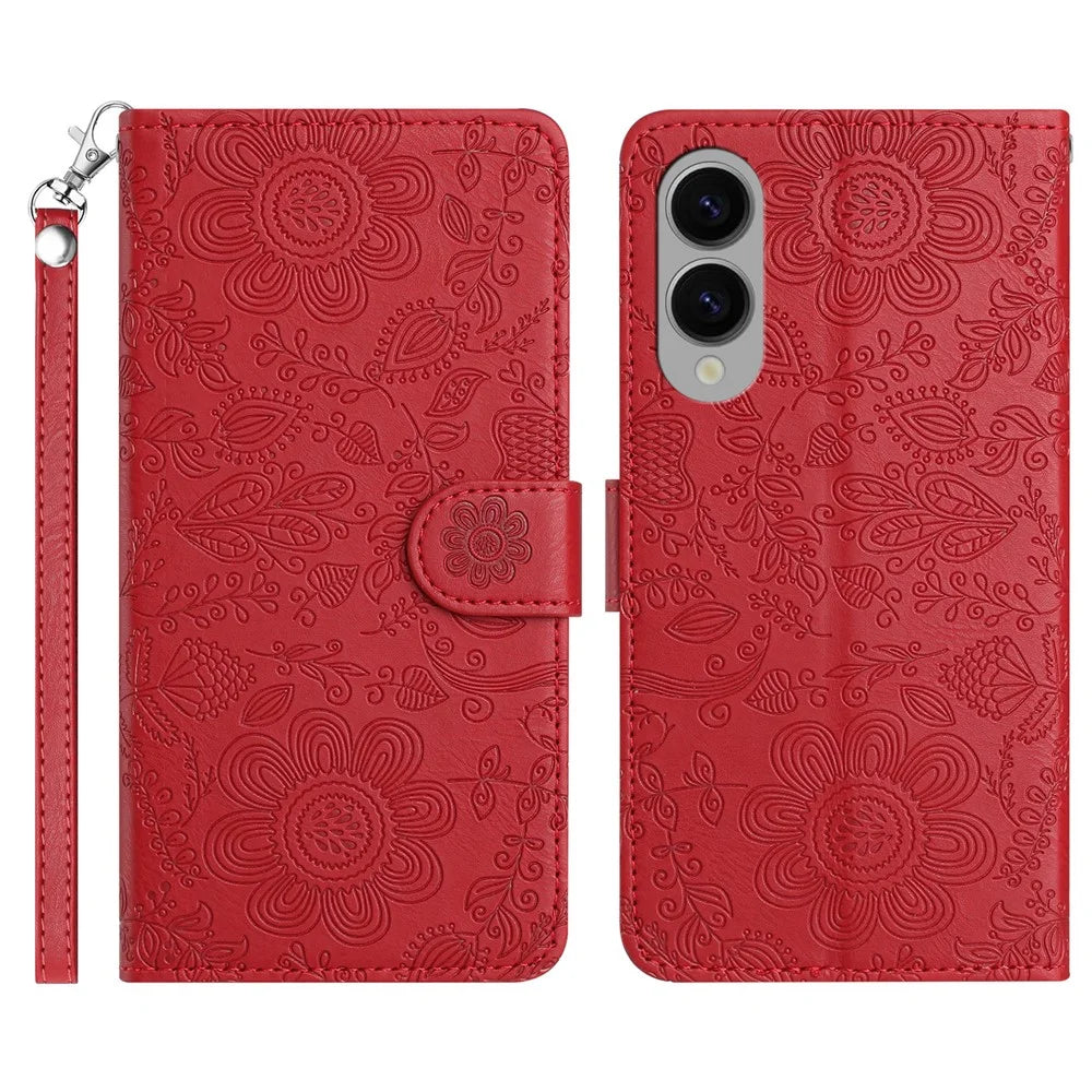 For Samsung Galaxy S25 Edge Case Flower Imprint Leather Flip Wallet Phone Cover with Wrist Strap - Red - 1
