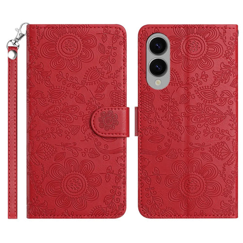 For Samsung Galaxy S25 Edge Case Flower Imprint Leather Flip Wallet Phone Cover with Wrist Strap - Red - 1