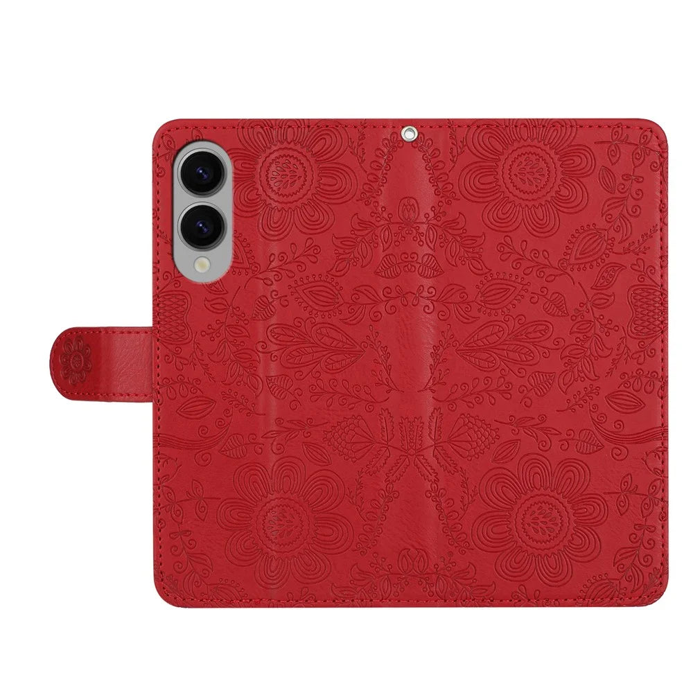 For Samsung Galaxy S25 Edge Case Flower Imprint Leather Flip Wallet Phone Cover with Wrist Strap - Red - 4