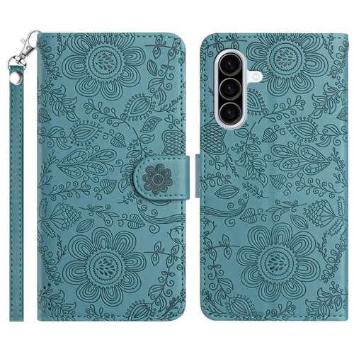 For Samsung Galaxy A36 5G Case Flower Imprint Leather Flip Wallet Phone Cover with Wrist Strap - Blackish Green - 1