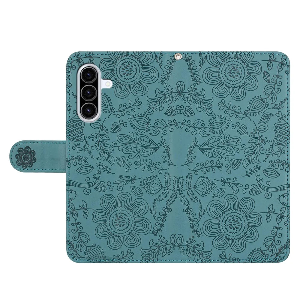 For Samsung Galaxy A36 5G Case Flower Imprint Leather Flip Wallet Phone Cover with Wrist Strap - Blackish Green - 4