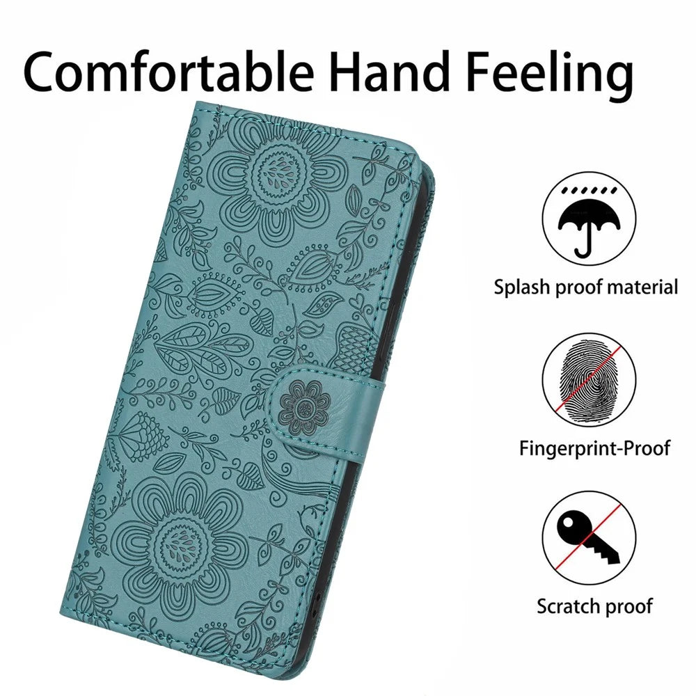 For Samsung Galaxy A36 5G Case Flower Imprint Leather Flip Wallet Phone Cover with Wrist Strap - Blackish Green - 6