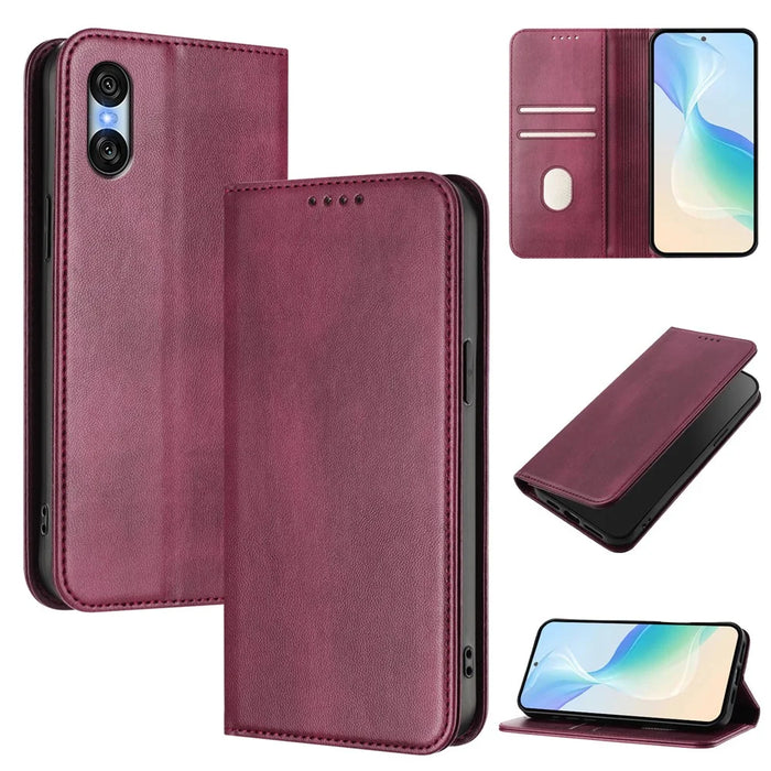 For Sony Xperia 10 VI Wallet Cases Retro Texture RFID Blocking Leather Phone Cover - Wine Red - 2
