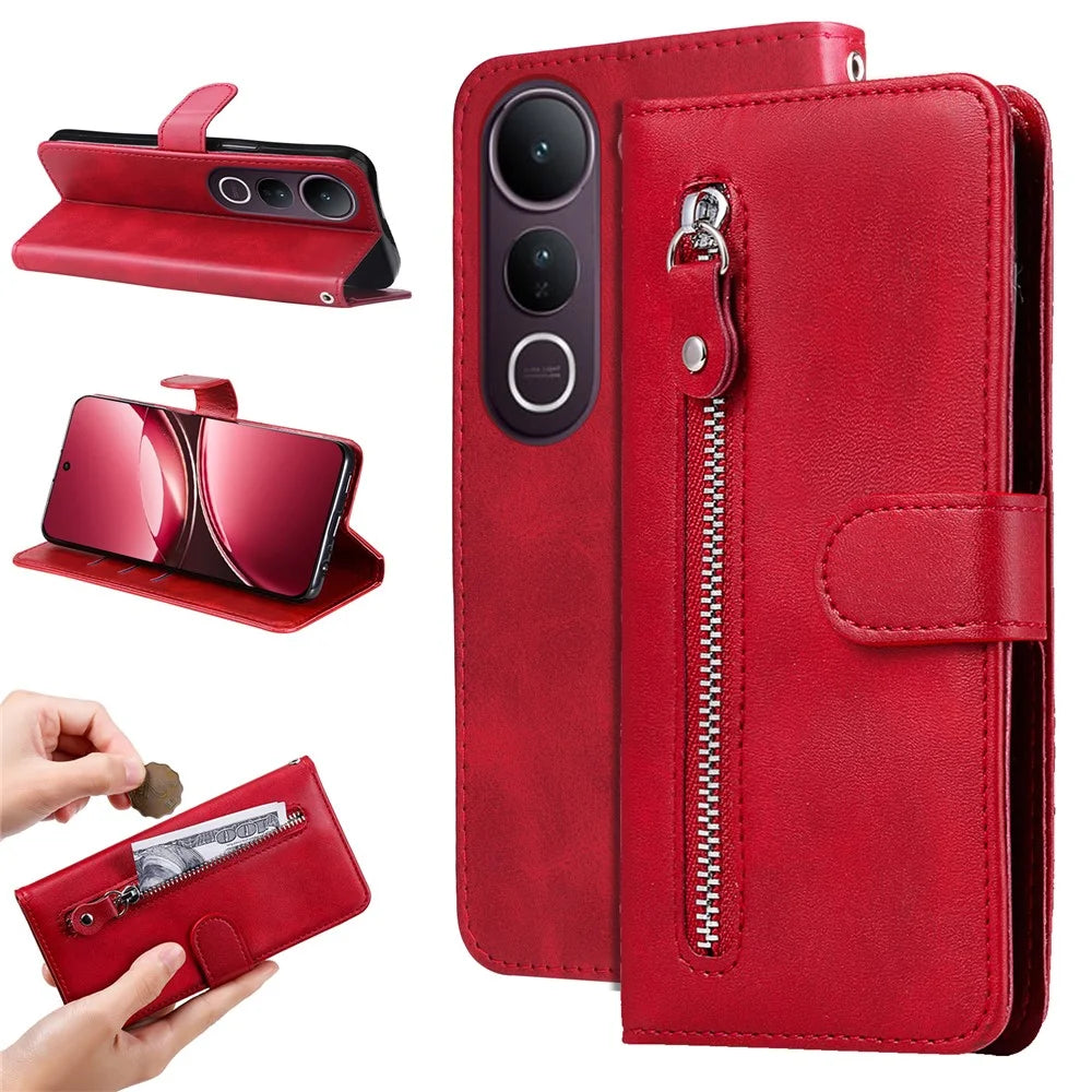 For vivo V50 Lite 5G / vivo V50 Lite 4G PU Leather Cases with Zipper Pocket Wallet Phone Cover Stand - Red - 2