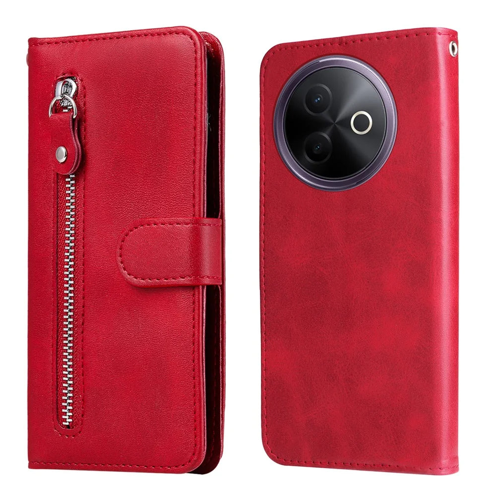 For vivo Y300i 5G / vivo Y39 5G PU Leather Cases with Zipper Pocket Wallet Phone Cover Stand - Red - 1
