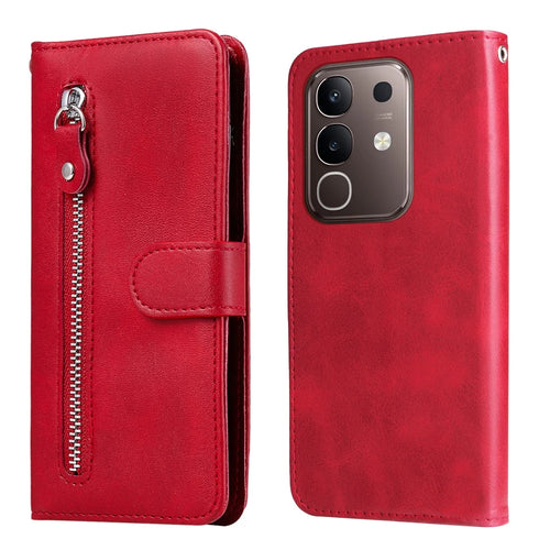 For vivo Y29 4G PU Leather Cases with Zipper Pocket Wallet Phone Cover Stand - Red - 1