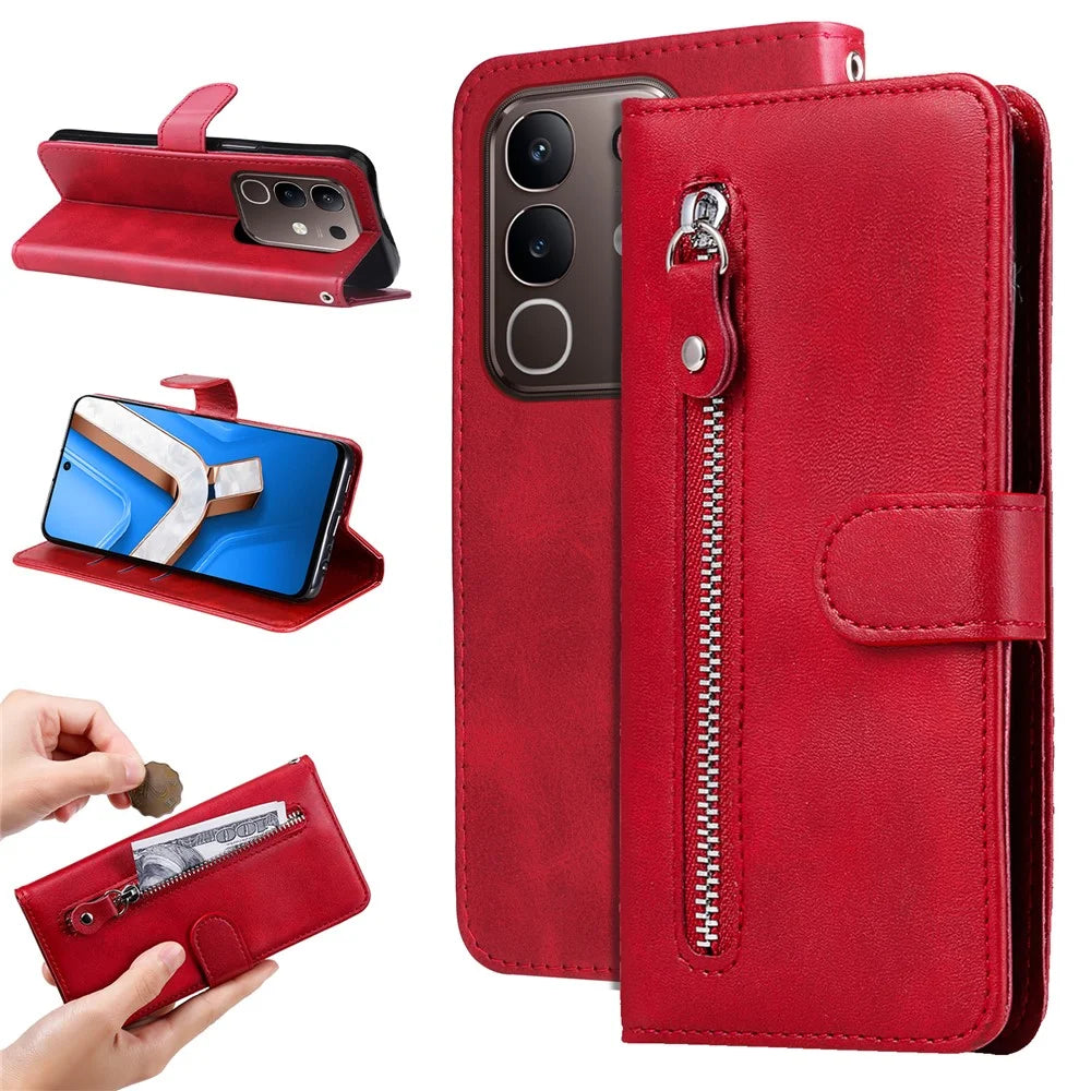 For vivo Y29 4G PU Leather Cases with Zipper Pocket Wallet Phone Cover Stand - Red - 2