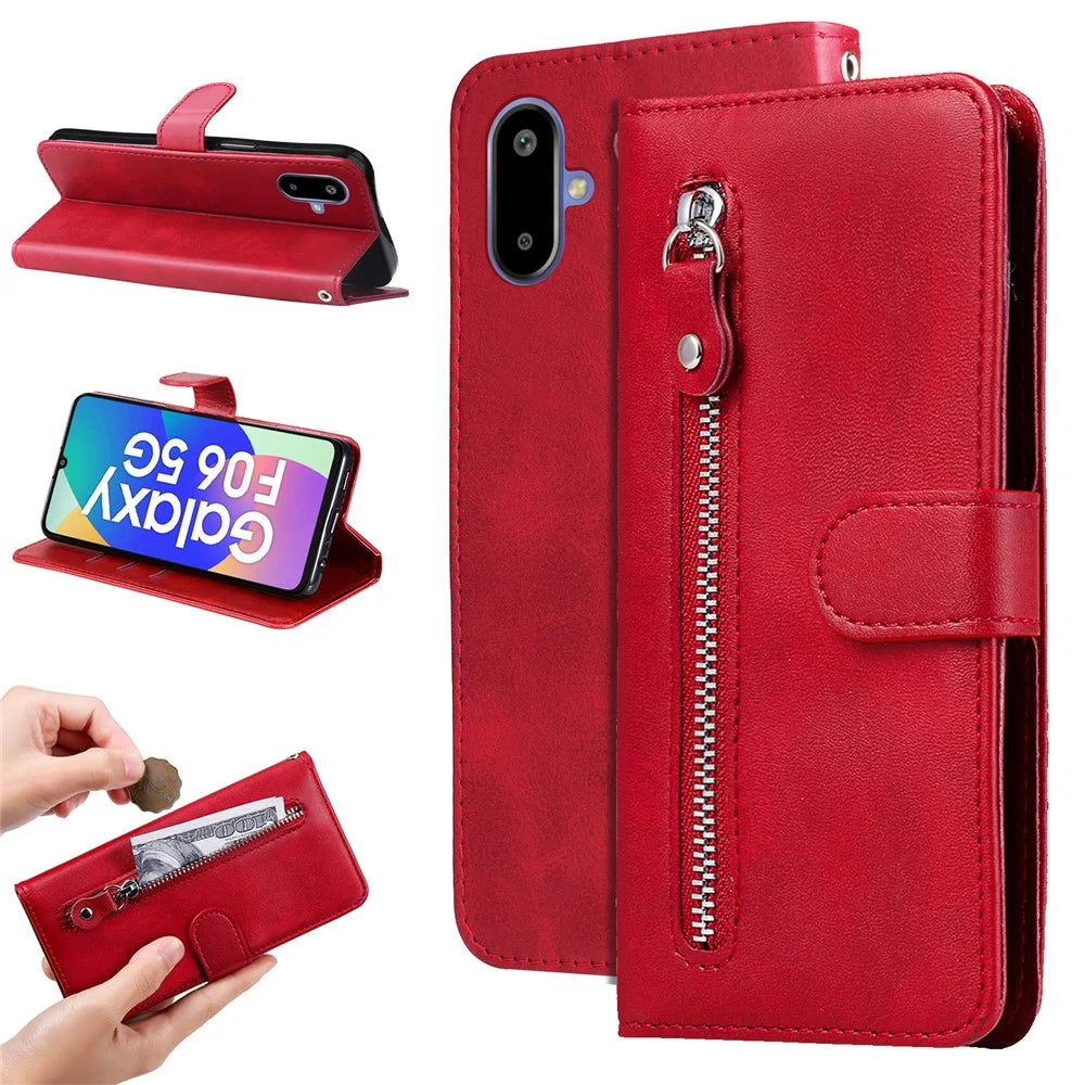 For Samsung Galaxy F06 5G PU Leather Cases with Zipper Pocket Wallet Phone Cover Stand - Red - 2