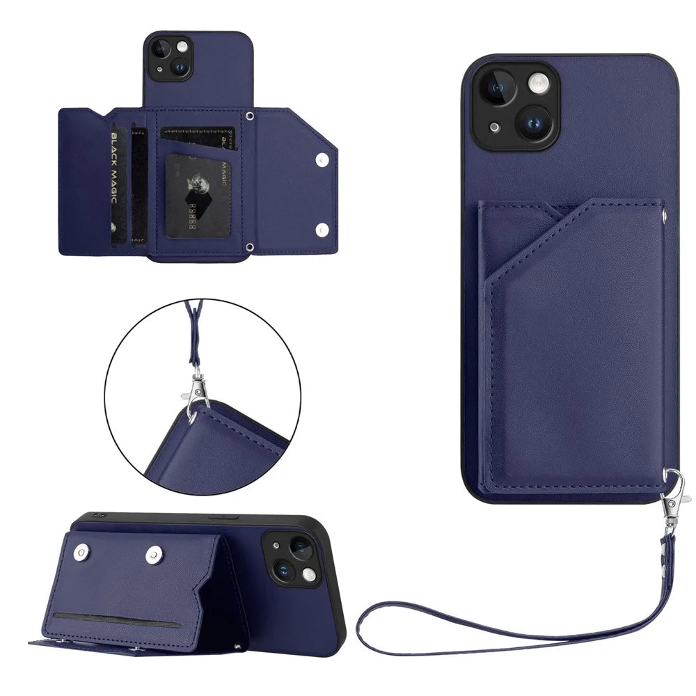 For iPhone 15 Plus Case Card Holder Kickstand Skin-Touch Phone Cover with Wrist Strap - Blue - 1