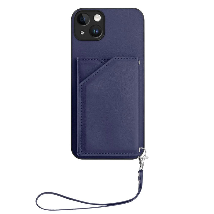 For iPhone 15 Plus Case Card Holder Kickstand Skin-Touch Phone Cover with Wrist Strap - Blue - 2