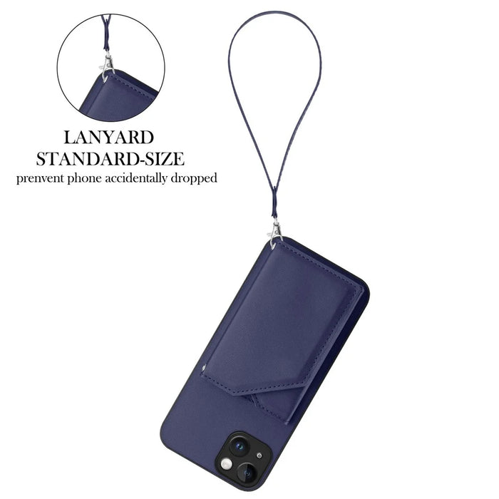 For iPhone 15 Plus Case Card Holder Kickstand Skin-Touch Phone Cover with Wrist Strap - Blue - 3