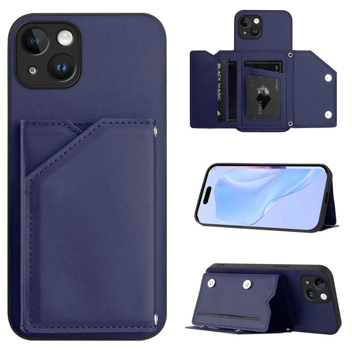 For iPhone 15 Plus Case Card Holder Kickstand Skin-Touch Phone Cover with Wrist Strap - Blue - 4