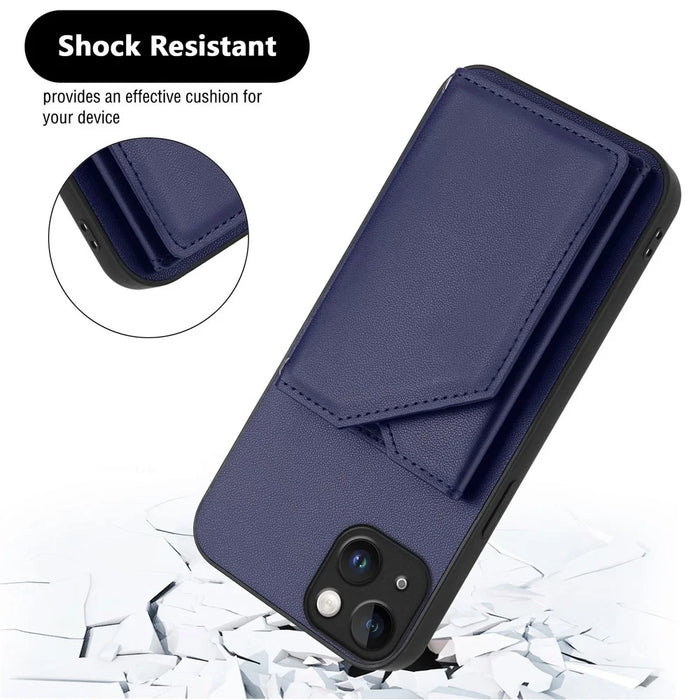 For iPhone 15 Plus Case Card Holder Kickstand Skin-Touch Phone Cover with Wrist Strap - Blue - 5