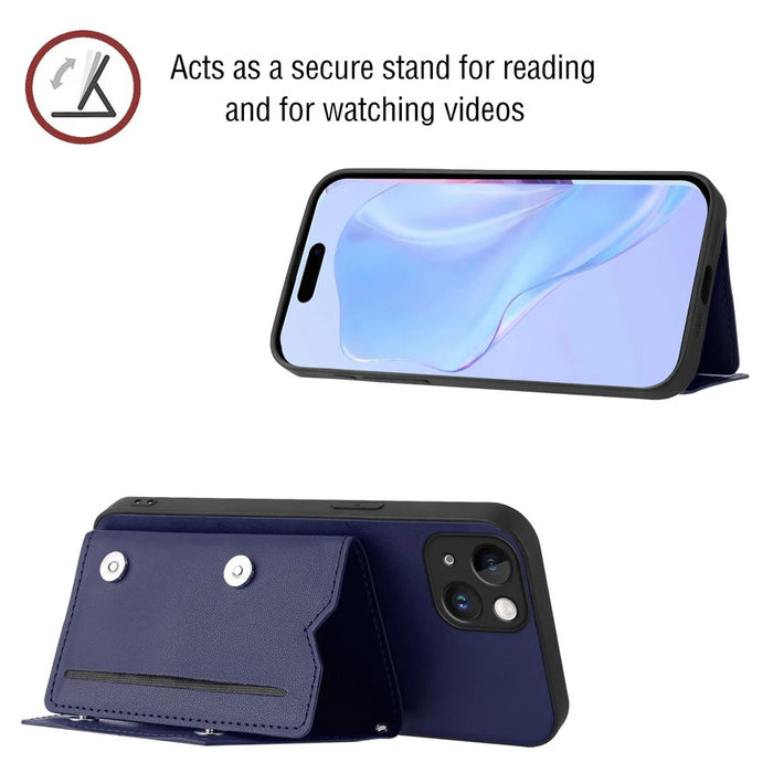 For iPhone 15 Plus Case Card Holder Kickstand Skin-Touch Phone Cover with Wrist Strap - Blue - 6