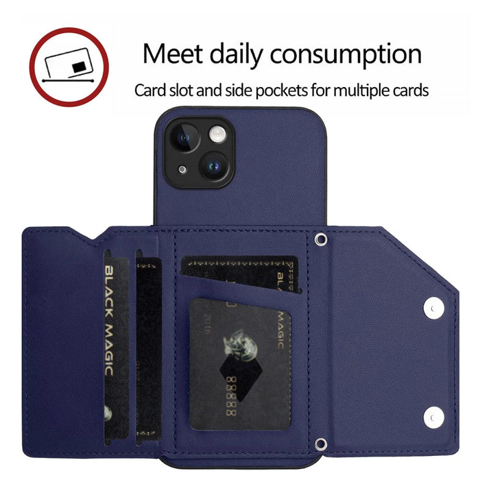 For iPhone 15 Plus Case Card Holder Kickstand Skin-Touch Phone Cover with Wrist Strap - Blue - 7